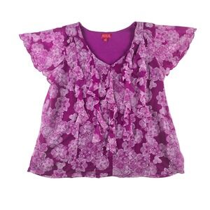 Elle Ruffle Front Blouse Womens 1X Purple Floral Flutter Sleeve V-Neck Top Plus